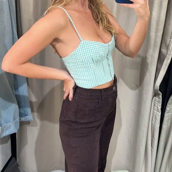 Zara Gingham Corset Bustier Top M Plaid Hook Spring Summer Blogger Fav Mint Trip - Picture 5 of 12